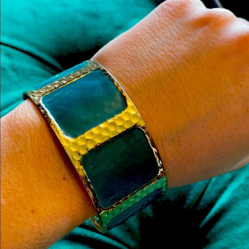 gold and teal hammered bracelet